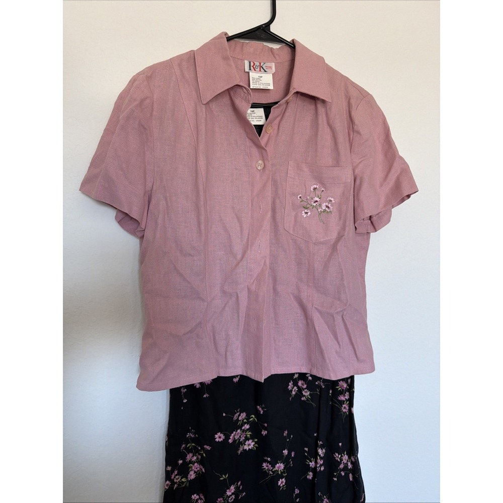 R&K Floral Black & Pink Dress Set / Pink Shirt Included Sz 10P Rayon
